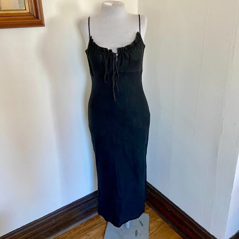 VTG 90s 2000 y2k Black Maxi Midi 100% Linen Milk Maid Dress Potrait Tie Sun Med - Picture 2 of 15